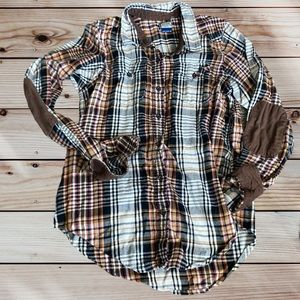 Kavu Long Sleeve plaid Flannel with corduroy type elbow patch and cuff